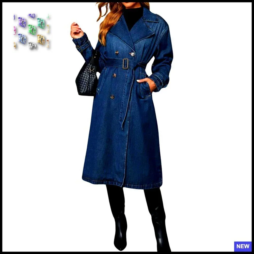 Vintage Double Breasted Denim Trench Coat Duster Blazer Jacket Belted